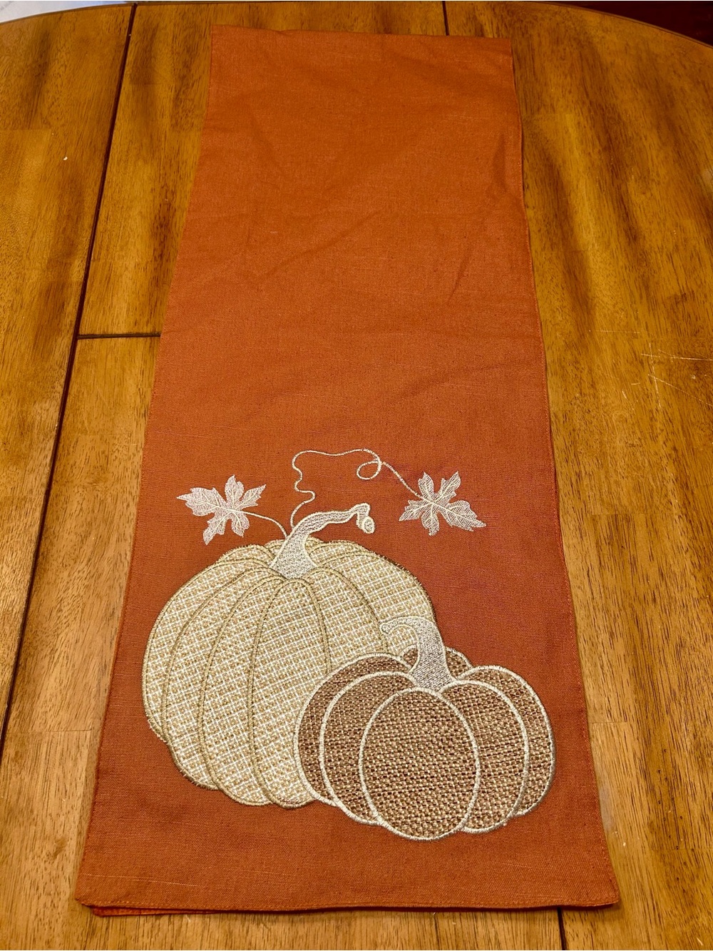 Autumn Pumpkin Embroidered Table Runner Rust 68”